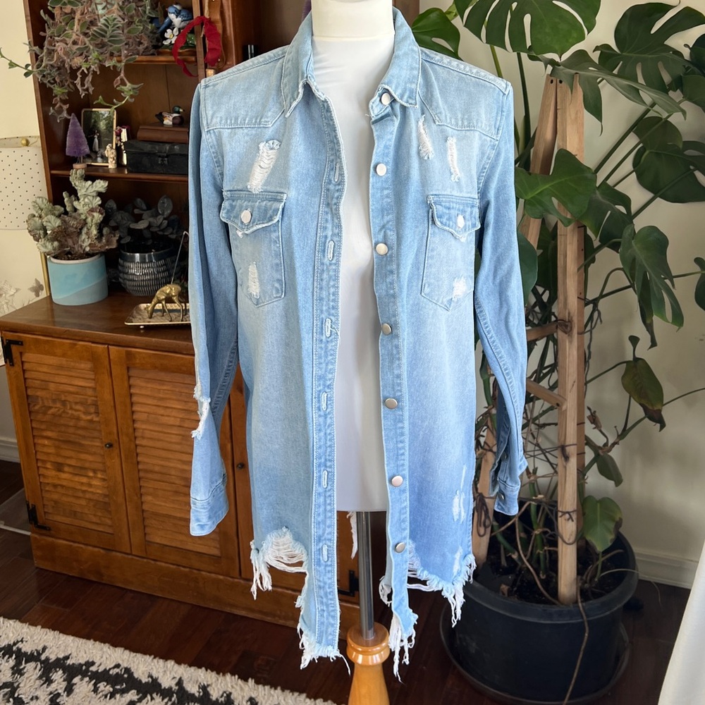 American Bazi Distressed Long Light Blue Denim Jean Jacket S NWOT